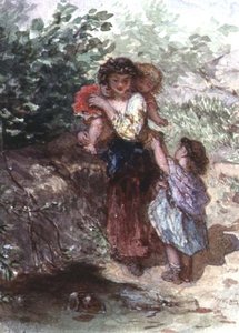 Omuzlarında bir Çocuk, Yanında başka bir Çocukla duran kız (kağıt üzerine suluboya)