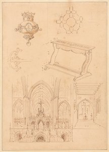 Gotik Süsleme Tasarımları, Bir Diz Çökmüş ve Gotik Kiliselerin İç Mekanlarının İki Taslağı by Augustus Welby Northmore Pugin