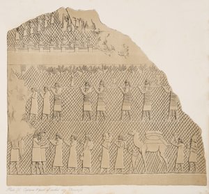 Tutsaklar ve surlarla çevrili şehrin bir kısmı (Kouyunjik) Ninova Anıtlarından bir çizim, 1858 by Austen Henry Layard