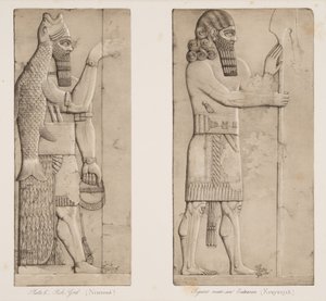 Balık Tanrısı (Nimrud) ve Girişe Yakın Figür (Kouyunjik), Nineveh Anıtlarından, pub. 1849
