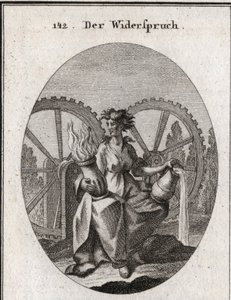 Rahatsızlık alegorisi. Takım elbisesi ikiye bölünmüştür. Bir su kabı ve bir ateş kabı tutuyor. Dişli iki tekerlek zıt yönlerde hareket eder. Gravür "" Iconologie oder Ideen aus dem Gebiete der Leidenschaften und Allegorien bildich darge by Austrian School