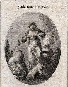 Benignitenin aynı zamanda emzirme alegorisi, bir kuzu ve bir aslan, en zayıf ve en güçlü eşittir. Sunaktaki ateş, dini duyguları ifade eder. Gravür "" Iconologie oder Ideen aus dem Gebiete der Leidenschaften und Allegorien bildich darg by Austrian School