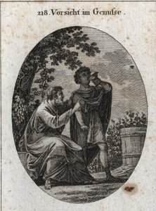 Zevk alırken dikkatli olma alegorisi. Bir filozof, asmanın üç çeşit üzüm ürettiği konusunda bizi uyarır: Zevk üzümü, sarhoşluk ve sarhoşluk ve delilik. Gravür, Iconologie oder Ideen aus dem Gebiete der Leidenschaften und All by Austrian School