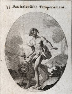 Kolerik ten renginin alegorisi. Saldırmak için bir kılıç tutuyor ve kendini savunmayı unutarak kalkanını fırlattı. Niteliği ve tehditkar bir aslan. Gravür "" Iconologie oder Ideen aus dem Gebiete der Leidenschaften und Allegorien bildich dargest by Austrian School