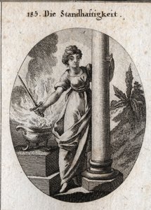 Sabitlik alegorisi. Yanan bir ateşin üzerinde bir kılıç tutuyor. Sahip olduğu sütun çiftliğin özelliğidir. Ressamlar, ressamlar, şairler, ge by Austrian School