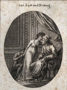 Kurnazlık ve aldatma alegorisi. İfade: Seni her zamankinden daha fazla okşayan, seni aldattığının veya aldatmak istediğinin bir işaretidir. Gravür, Iconologie oder Ideen aus dem Gebiete der Leidenschaften und Allegorien bildich by Austrian School