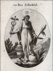 Kader alegorisi. Üzerindeki bir yıldız, insan hayatındaki olaylarla ilgili astroloji raporlarını yansıtıyor. Bir eliyle gücünün yaprak döken bir sembolü, diğerinde bir uzun kuyruk sembolü ve kopan ipliği hayatın kırılganlığını gösteren bir fiuseau tutar. a by Austrian School
