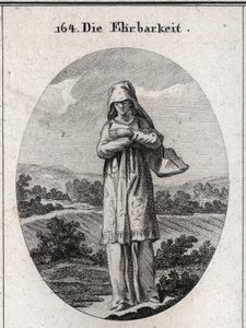 Dürüstlük alegorisi. Gözleri, ruhunun aynası ve kendini bozduğu ilk duyu olduğu için yüzünün yarısını gizleyen bir peçeyle örtülüdür. "" Iconologie oder Ideen aus dem Gebiete der Leidenschaften und Allegor