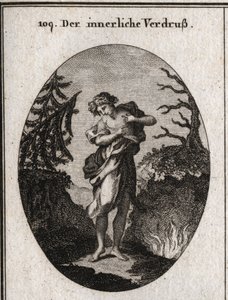 Yüzün hüznü ve uyum bozukluğu ile temsil edilen içsel keder alegorisi. Göğsü birkaç yılan tarafından yiyor gibi görünüyor. Gravür, Iconologie oder Ideen aus dem Gebiete der Leidenschaften und Allegorien bildich dargestell by Austrian School