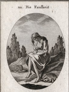 Tembellik alegorisi. Kollarını çapraz tutuyor. Niteliği bir kaplumbağa ve bir sümüklü böcek. Ressamlar, ressamlar, şairler, akademisyenler, eğitimciler ve fr by Austrian School
