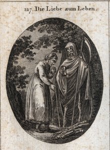 Yaşam için aşk alegorisi. Yaşlı bir kadın, tahta ranzalarını kafasına koymasına yardım etmek için ölümü çağırır. Ressamlar, ressamlar, şairler, akademisyenler, eğitimciler için tasvir edilen tutkular ve alegoriler alanından ikonoloji veya fikirlerde "" gra by Austrian School