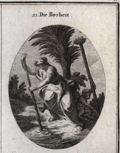 Malignite alegorisi. Havuzun suyunu bozduğuna dair bir sopa tutuyor. Maymun, özelliği, tepedeki kuş yuvasını yıkmak için bir kazığı bozar. Gravür, Iconologie oder Ideen aus dem Gebiete der Leidenschafte by Austrian School
