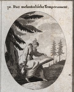 Melankolik ten alegorisi. Bir kitap ve bir çanta tutar ve ağzı bir göz bağıyla kapatılır. Kafasına bir kuş oturur. Ressam, Mah için tasvir edilen tutkular ve alegoriler alanından "" ikonoloji veya fikirlerde gravür by Austrian School