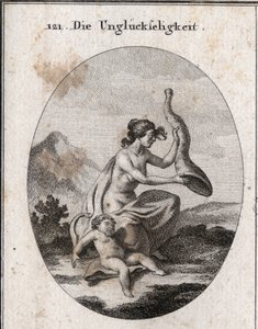 Talihsizlik alegorisi, yetersiz ve kapsamlı temsil edildi. Nitelikleri, salladığı ve boş olduğu bir bolluk boynuzu ve açlıktan ölen bir çocuktur. Gravür, Iconologie oder Ideen aus dem Gebiete der Leidenschaften und Allegorien bi by Austrian School