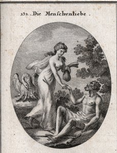 Hayırseverlik alegorisi. Bursu var ve ulaştığı fakir bir adamı kurtarmaya geliyor. Niteliği yavrusunu beslemek için göğsünü açan bir pelikandır. Gravür, Iconologie oder Ideen aus dem Gebiete der Leidenschaften und Alleg by Austrian School