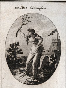 Çatallı bir dille baskıcı hakaret alegorisi. Bir elinde dikenli bir değnek tutuyor ve adalete aykırı davrandığını göstermek için ayaklarını teraziye sokuyor. Gravür, Iconologie oder Ideen aus dem Gebiete der Leidenschaften und Allegorien bildich da by Austrian School