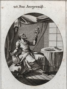 Skandalın alegorisi. Bir elinde bir şişe, diğerinde genç bir kadının portresini ve üzerinde iskambil ve oyunlar oynanan bir masanın yanında tutuyor. Gravür "" Iconologie oder Ideen aus dem Gebiete der Leidenschaften und Allegorien bildich dargest by Austrian School