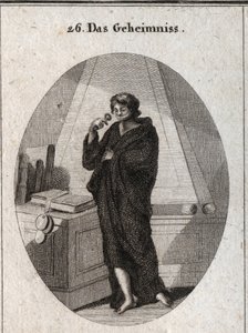 Kendisine emanet edilen sırları unutulmaya gömmek için siyahla kaplı sır alegori. Ağzında pul eklediği bir kafa bandı var. Gravür "" Iconologie oder Ideen aus dem Gebiete der Leidenschaften und Allegorien bildich dargestellt fur Z by Austrian School