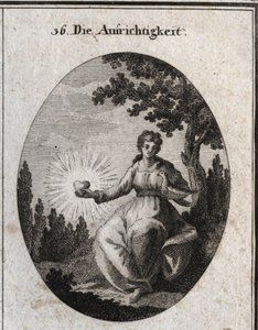 Göğsüne karşı bir güvercin tutan ve parlak bir kalp sunan samimi alegori. Ressamlar, ressamlar, şairler, akademisyenler, eğitimciler ve arkadaşlar için tasvir edilen tutkular ve alegoriler alanından ikonoloji veya fikirlerde "" gravür by Austrian School