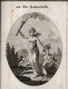 Elinde bir meşale tutan ve el ele tutuşup gökyüzüne bakan çıplak bir genci acımasızca sürükleyen İftira Alegorisi. Ressamlar, ressamlar, şairler için tasvir edilen tutkular ve alegoriler alanından ikonoloji veya fikirlerde gravür, by Austrian School