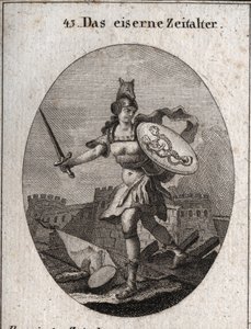 Şiddet, kötü niyet ve ihanet ile karakterize edilen Demir Çağı alegorisi. Vahşi görünüşte, bir kurdun başında bir miğferle silahlanmıştır, bir kılıç ve sahtekarlığın ve kötülüğün temsil edildiği bir kalkan (insan yüzlü siren ve yılan) tutar. E by Austrian School