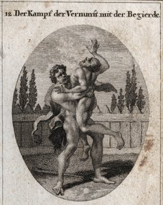 Akıl ve iştahın mücadelesinin alegorisi. Ante tarafından tasvir edilen dünyevi ve dünyevi iştah ve Herkül (Herakles) Ante