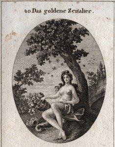 Altın çağın alegorisi, ortasında bir arı sürüsünün bulunduğu bir zeytin ağacının yanında oturan, bol meyveli bir boynuzla temsil edilir. Gravür, Iconologie oder Ideen aus dem Gebiete der Leidenschaften und Allegorien bildich by Austrian School