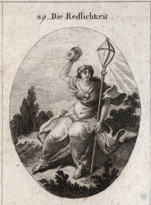 Aldatma ve yalanın özelliği olan bir maske atan sadık (veya samimi) alegorisi. Amblemi, yıldırımın bir hristiyan fener sembolüdür. Göğsüne bir kalp çizilir. Gravür, Iconologie oder Ideen aus dem Gebiete der Leidenschaften by Austrian School