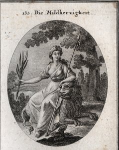 Clemence alegorisi. Cezalandırma ve aynı zamanda affetme gücüne sahip olduğunu belirtmek için bir mızrak ve bir zeytin dalı tutarak temsil edilir. Aslan, cömertliğin özelliğidir. Gravür, Iconologie oder Ideen aus dem Gebiete der Leidenschaften un by Austrian School