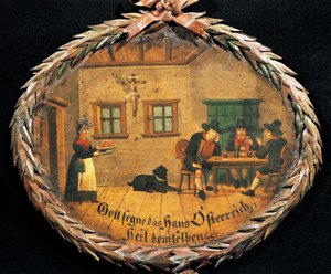 Han ve garsonda masada oturan müşteriler, han için oval tabela, Avusturya by Austrian School