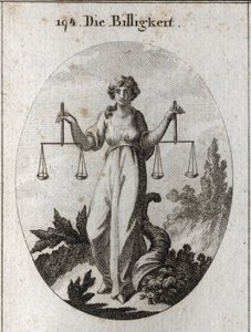 Aynı yükseklikte iki terazi tutan eşitlik alegorisi. Niteliği, haklı olarak temizlendikten sonra iyilikle ödüllendirdiğini göstermek için bolluk boynuzudur. Gravür, Iconologie oder Ideen aus dem Gebiete der Leidenschaften und Allegorien bildic by Austrian School