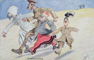 Yeniden gruplaşma, Rusya, Büyük Britanya, Fransa ve İtalya ufukta Avusturyalılar ve Almanlardan önce kaçıyor, Birinci Dünya Savaşı kartpostalı by Austrian School