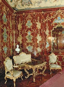 Pers minyatürleriyle süslenmiş incir ağacıyla kaplanmış ve yaldızlı süslemelerle süslenmiş Millionen Odası, Schloss Schonbrunn, Viyana