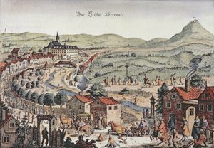 Arka planda Schlos Hernals ve Kahlenberg tepeleri ile Viyana'nın kuzeyinin görünümü (gravür) by Austrian School