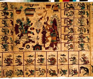 Aztek tanrılarının temsili ve takvime karşılık gelen kutular. 15. yüzyılın sonlarında Orta Meksika'nın Kolombiya öncesi yerli kodeksi olan “Codex Borbonicus” kabuğu üzerine Aztek el yazmasının sayfası. Ulusal Meclis Kütüphanesi (Palais Bourbon). by Aztec