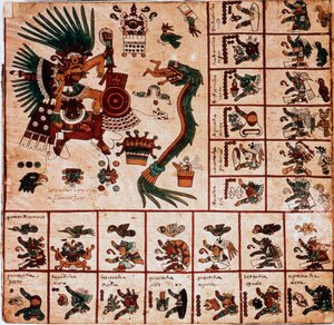 Quetzalcoatl ve Tezcatlipoca, Aztek tanrıları ve takvime karşılık gelen kutuların temsili. 15. yüzyılın sonlarında Orta Meksika