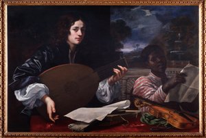 Siyah Şarkıcı ile Lute Player Portresi Boyama Baldassarre Franceschini dit Volterrano