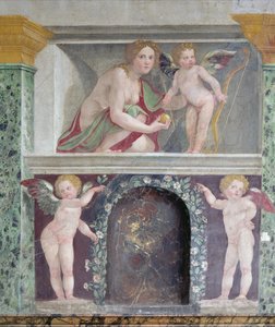 Aday Salonu, Venüs ve Aşk Tanrısını betimleyen trompe loeil nişinin Aday ayrıntısı Salonu, 1518-19 fresk
