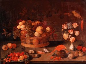 Bir Hasır Sepet içinde Şeftali, Elma ve Üzüm Natürmort, Çin Vazoda Çiçekler ve Bir Masada İki Papağan by Balthasar van der(follower of) Ast