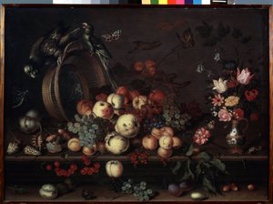 "Meyveler, Çiçekler ve Papağanlarla Natürmort" ("Meyveler, Kabuklar ve Böcekler ile Natürmort" olarak da adlandırılır) tablosu Balthasar van der Ast (1593/4-1657 ) tarafından 1620 Ebat 75x104 cm Ermi Müzesi by Balthasar van der Ast