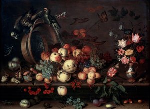 Meyveler, Çiçekler ve Papağanlarla Natürmort, 1620