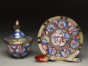 Kapaklı kase, tabak ve kaşık, astrolojik süslemeli, 19. yüzyılın başlarında by Baqir