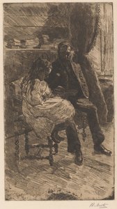 Birlikte kitap okuyan bir erkek ve bir kızla iç mekan by Barbara Elisabeth van Houten (signed by artist)