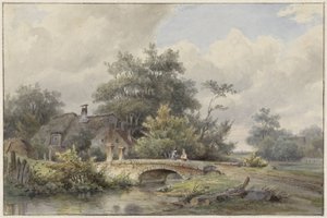 Bir evin yanında bir taş köprü ile manzara by Barend Cornelis Koekkoek