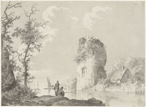 Kule ve fener ile nehir manzarası by Barend Cornelis Koekkoek