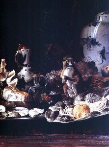Maymun ve Çin porseleni ile egzotik natürmort by Barend or Bernardus van der Meer