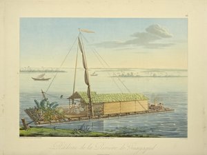 Guayaquil Nehri üzerinde sal, Marchais tarafından çizilmiş, Bouquet tarafından oyulmuş, Alexander von Humboldt ve Aime Bonpland tarafından "Amerika Yerli Halklarının Cordillera ve Anıtlarının Görünümleri" adlı çizim, 1813 by Baron Friedrich Alexander von Humboldt