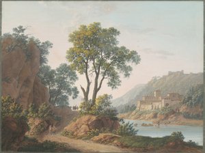 Kaleler ve Gezginlerle Nehir Manzarası by Baron Louis Albert Guillain Bacler d