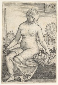 Judith, sağ elinde bir kılıçla çıplak oturuyor, Holofernes