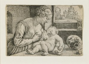 Kafatası ve Kum Saati Olan Anne ve Çocuk, c. 1528-1530 by Barthel Beham
